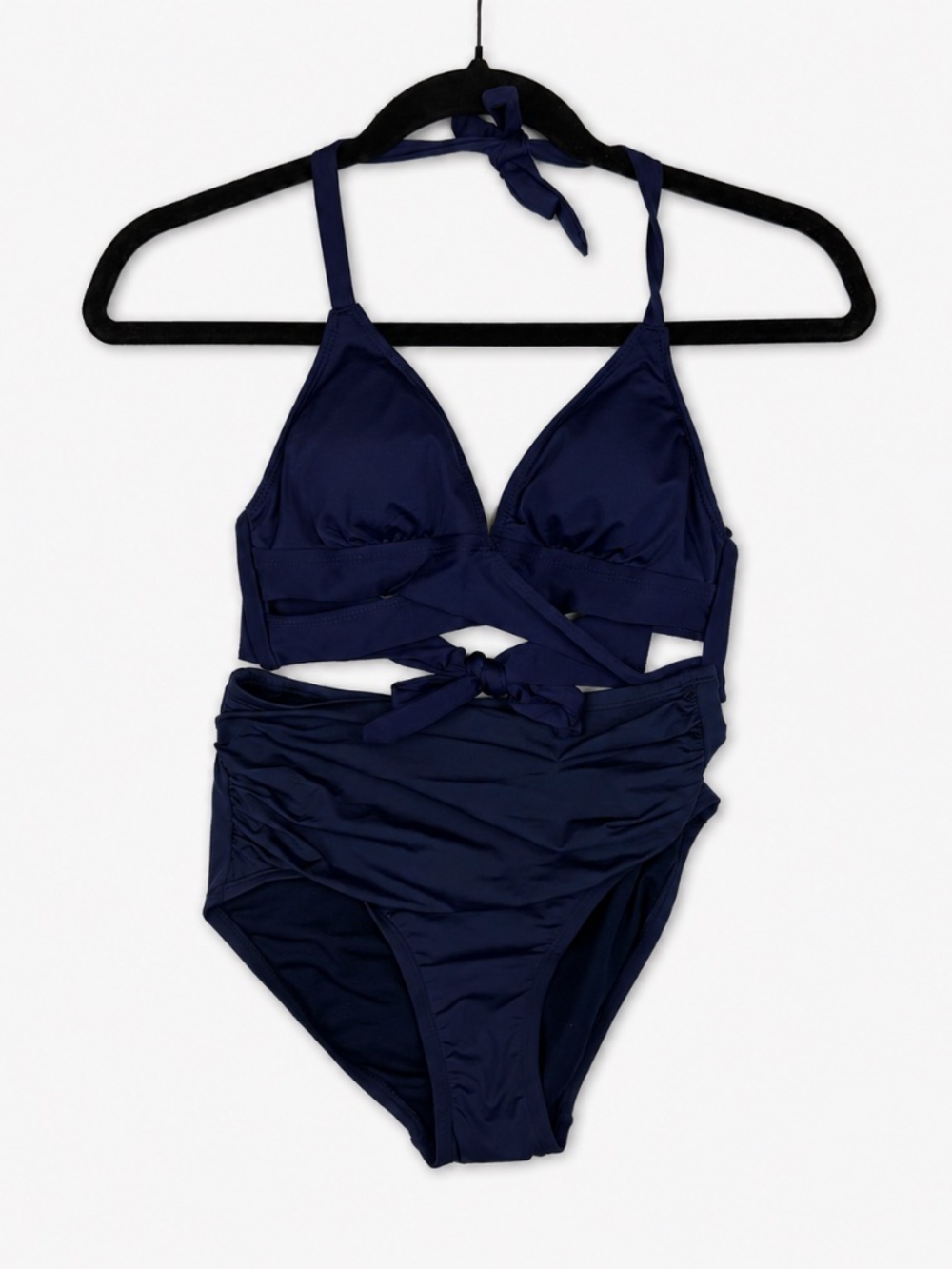 Share Women's 2-Piece Bikini Set Navy Blue High Waisted Ruched Halter XS